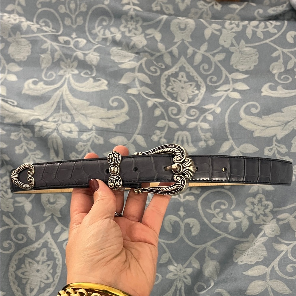 Brighton Blue Gray Croc-Embossed Belt with Silver Buckle genuine leather